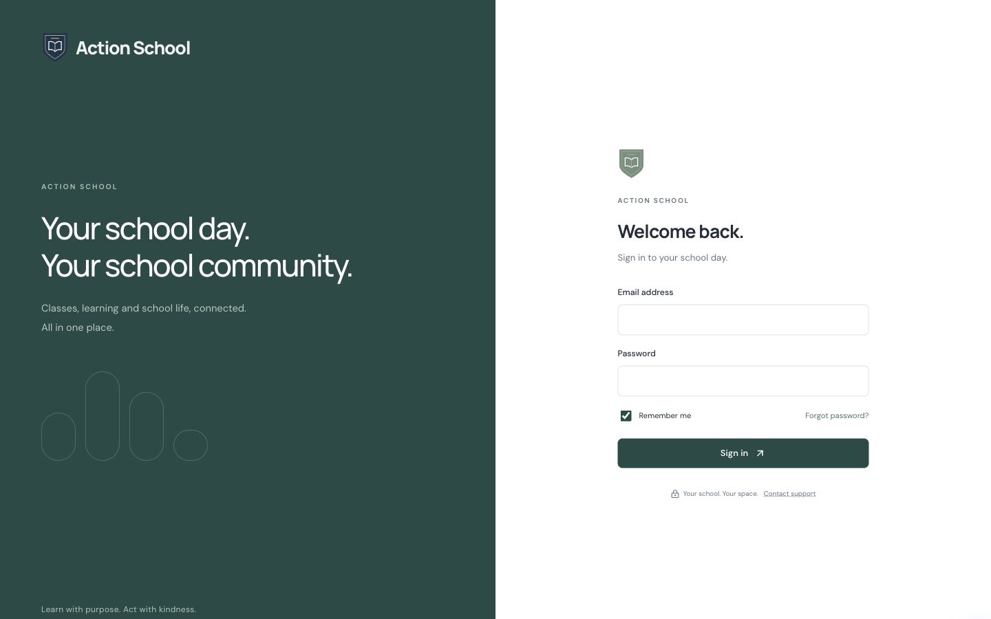 Action School website public sign-in page